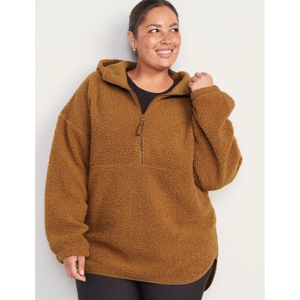 Old Navy Teddy Bear Sherpa Fleece Womens M Brown Sherpa 1/4 Zip Pocket Oversized
